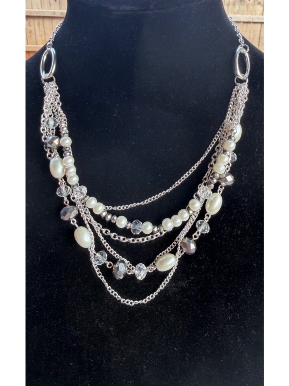 Multi-layered Silver-tone Necklace w/Classic White Faux Pearls & Crystal Beads
